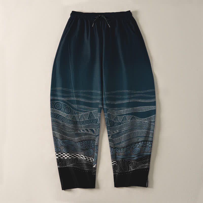 Nimara Ritual Pure Cotton Tribal Wave Pattern Drawstring Men's Tapered Pants With Pockets