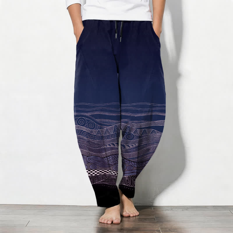 Nimara Ritual Pure Cotton Tribal Wave Pattern Drawstring Men's Tapered Pants With Pockets