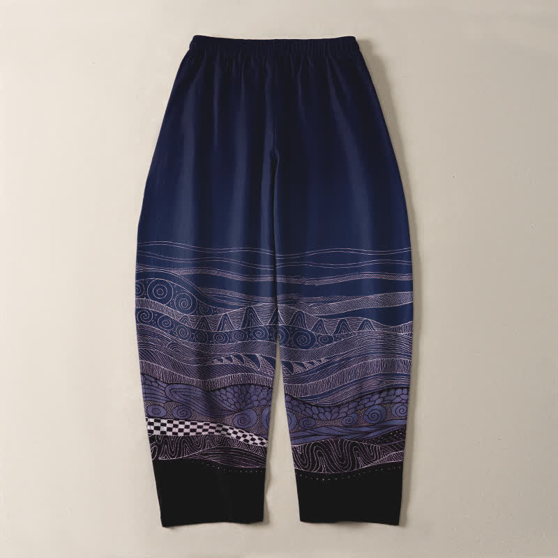 Nimara Ritual Pure Cotton Tribal Wave Pattern Drawstring Men's Tapered Pants With Pockets
