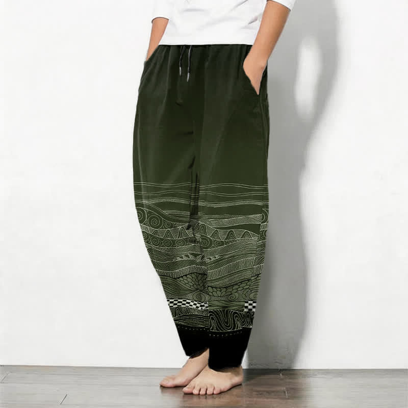 Nimara Ritual Pure Cotton Tribal Wave Pattern Drawstring Men's Tapered Pants With Pockets