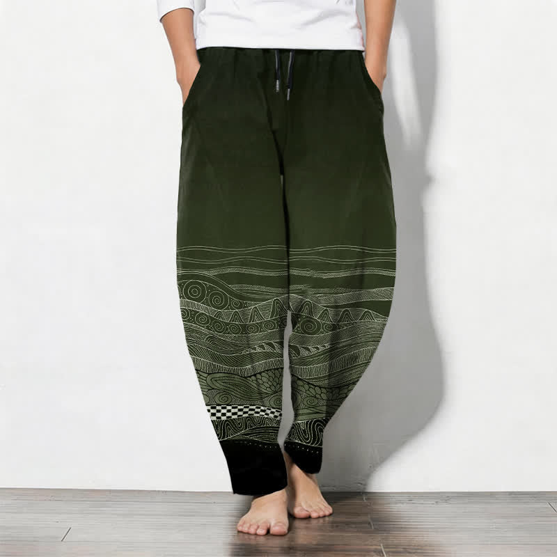 Nimara Ritual Pure Cotton Tribal Wave Pattern Drawstring Men's Tapered Pants With Pockets