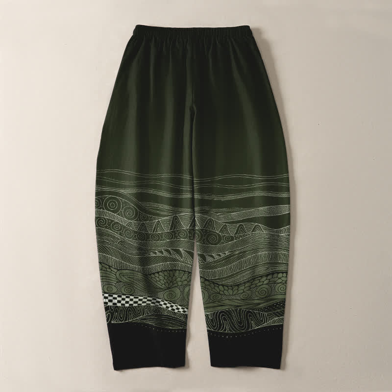 Nimara Ritual Pure Cotton Tribal Wave Pattern Drawstring Men's Tapered Pants With Pockets