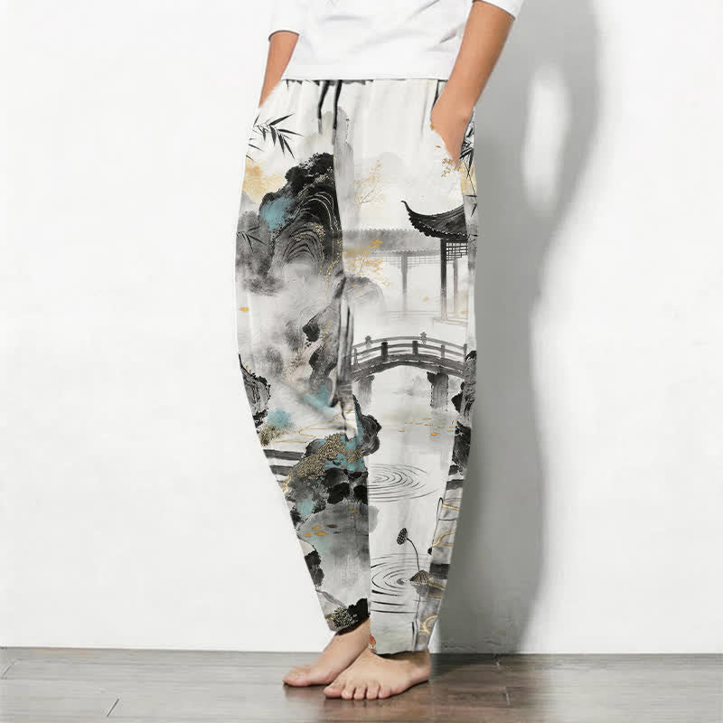 Nimara Ritual Pure Cotton Ink Landscape Bamboo Pattern Drawstring Men's Tapered Pants With Pockets