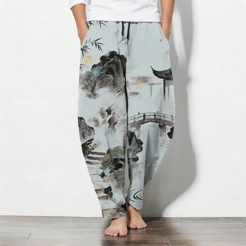 Nimara Ritual Pure Cotton Ink Landscape Bamboo Pattern Drawstring Men's Tapered Pants With Pockets