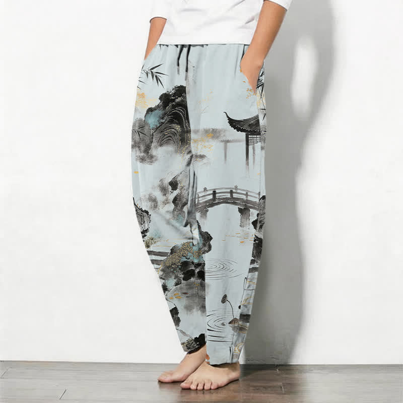 Nimara Ritual Pure Cotton Ink Landscape Bamboo Pattern Drawstring Men's Tapered Pants With Pockets