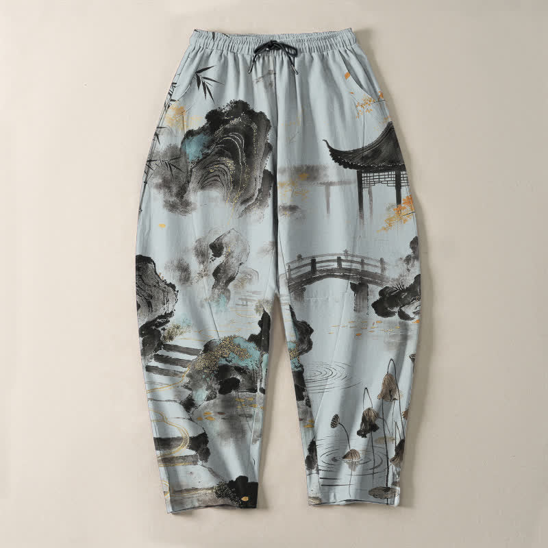 Nimara Ritual Pure Cotton Ink Landscape Bamboo Pattern Drawstring Men's Tapered Pants With Pockets