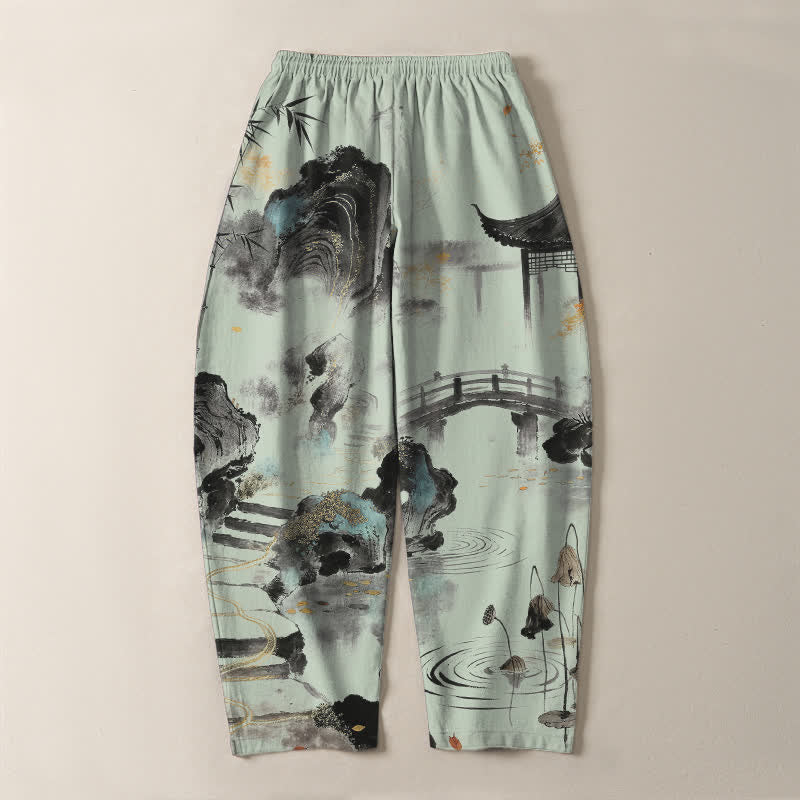 Nimara Ritual Pure Cotton Ink Landscape Bamboo Pattern Drawstring Men's Tapered Pants With Pockets