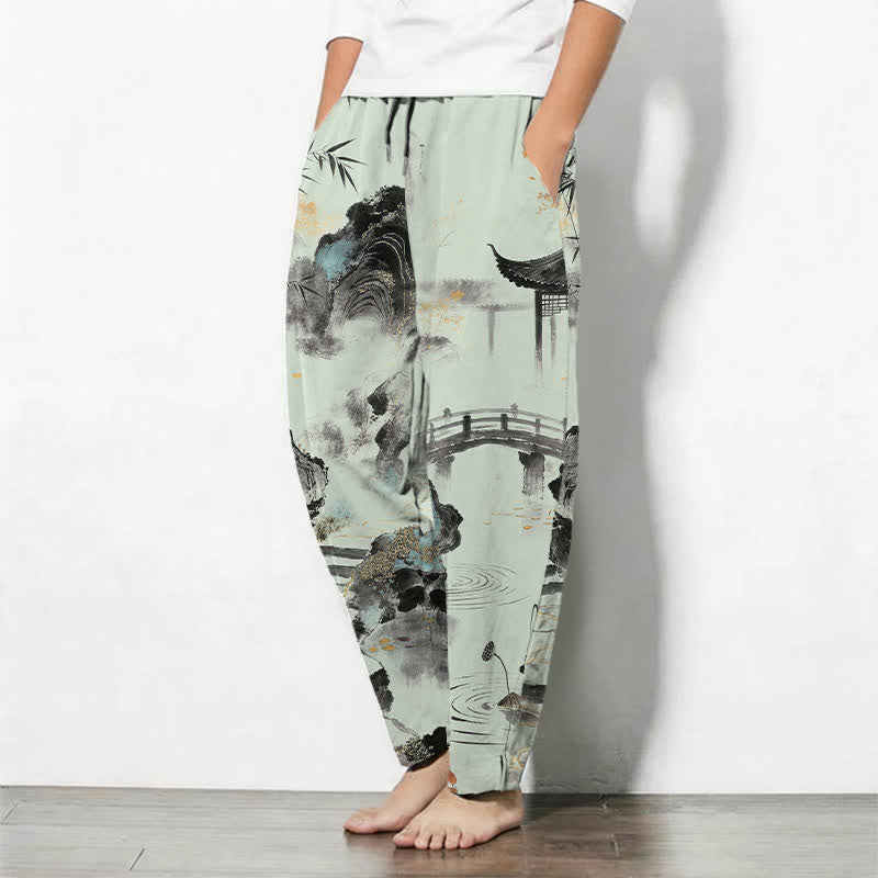 Nimara Ritual Pure Cotton Ink Landscape Bamboo Pattern Drawstring Men's Tapered Pants With Pockets