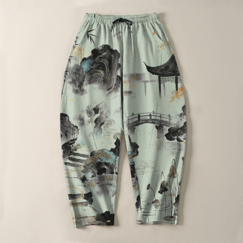 Nimara Ritual Pure Cotton Ink Landscape Bamboo Pattern Drawstring Men's Tapered Pants With Pockets