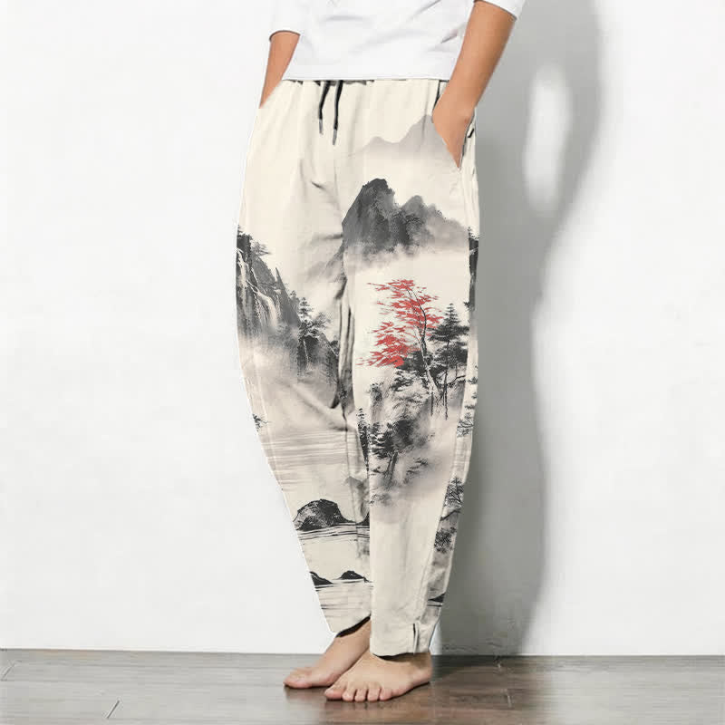 Nimara Ritual Pure Cotton Ink Wash Mountain Landscape Pattern Drawstring Men's Tapered Pants With Pockets