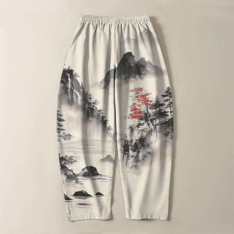 Nimara Ritual Pure Cotton Ink Wash Mountain Landscape Pattern Drawstring Men's Tapered Pants With Pockets