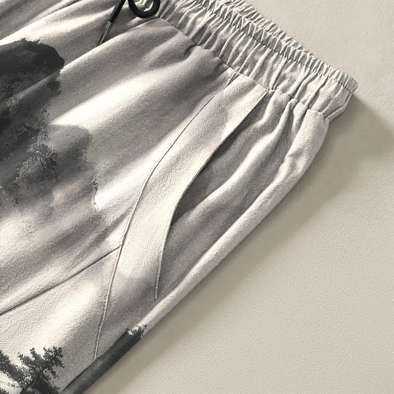 Nimara Ritual Pure Cotton Ink Wash Mountain Landscape Pattern Drawstring Men's Tapered Pants With Pockets