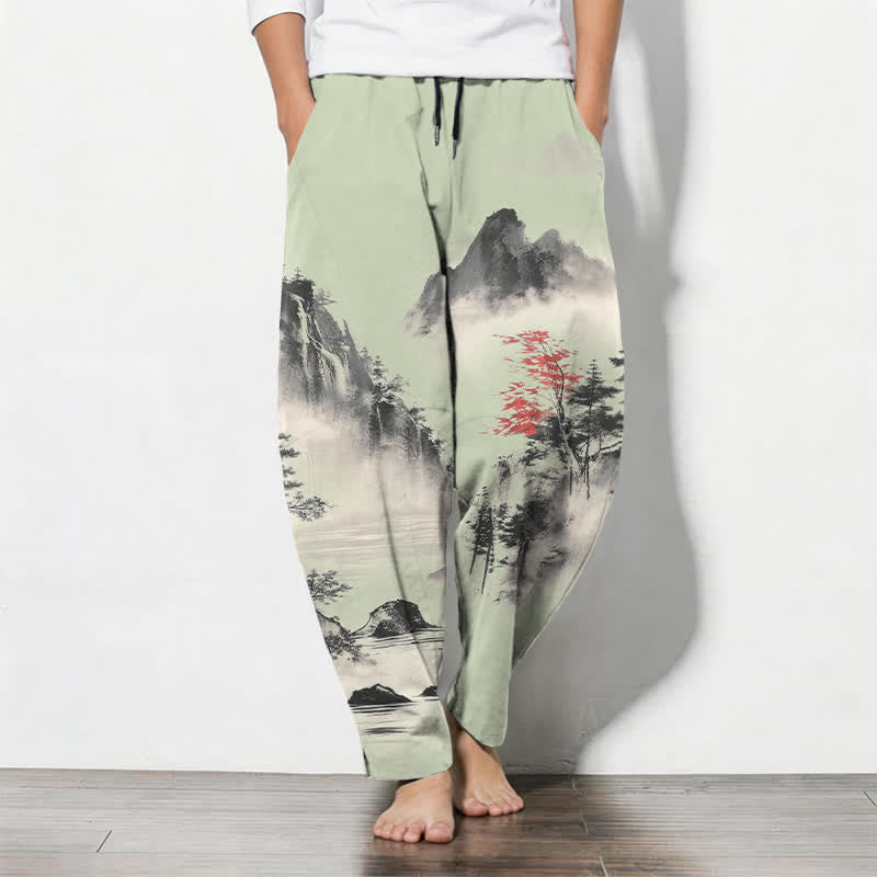 Nimara Ritual Pure Cotton Ink Wash Mountain Landscape Pattern Drawstring Men's Tapered Pants With Pockets