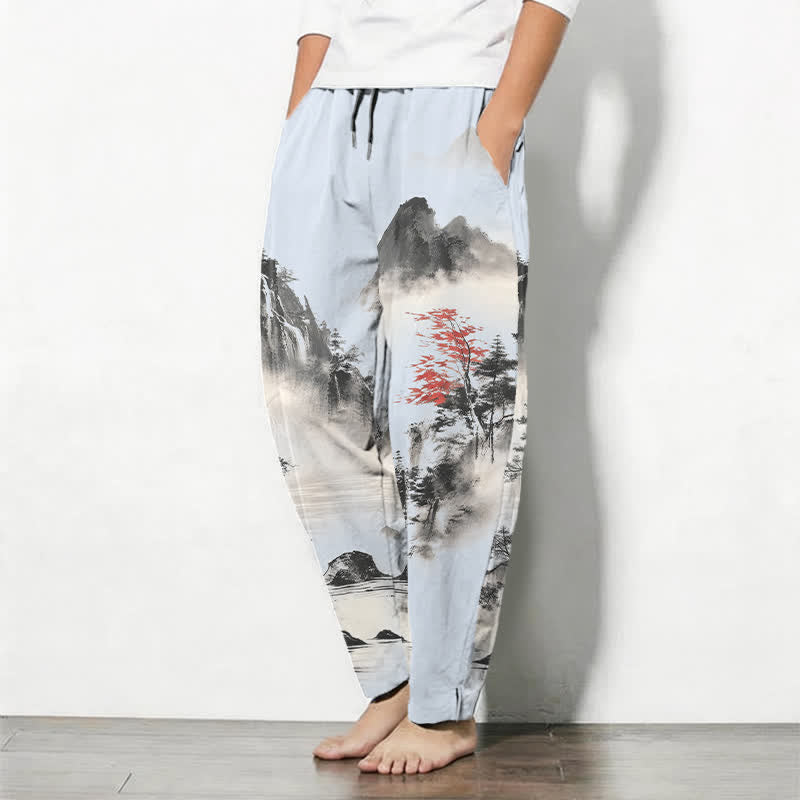 Nimara Ritual Pure Cotton Ink Wash Mountain Landscape Pattern Drawstring Men's Tapered Pants With Pockets