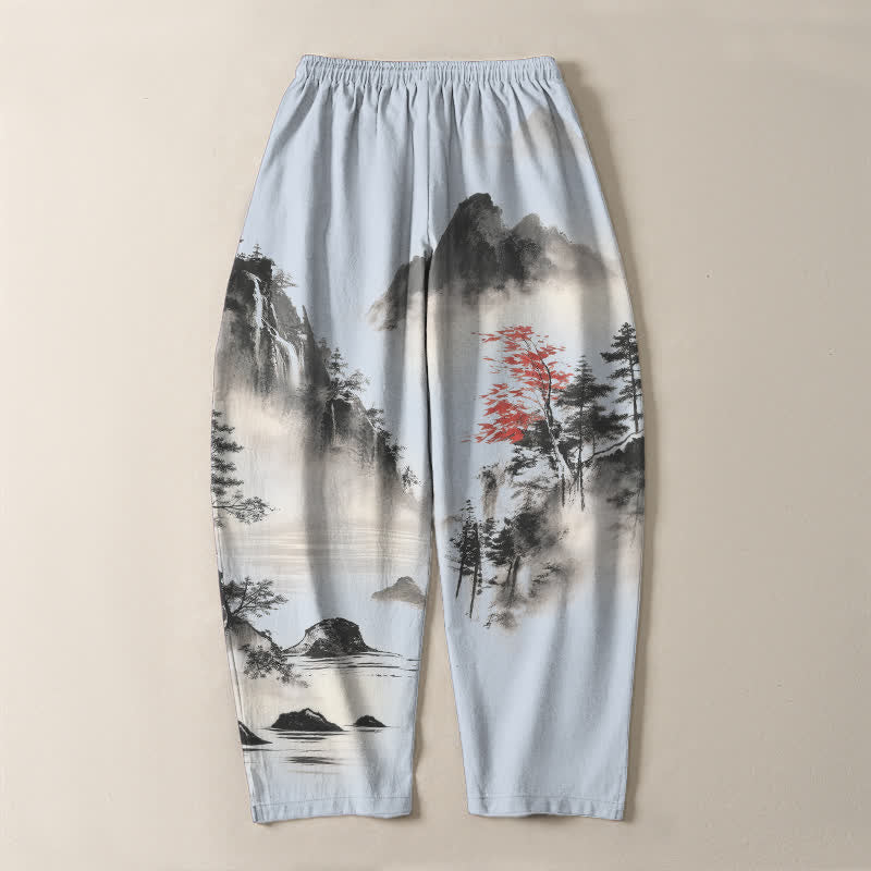 Nimara Ritual Pure Cotton Ink Wash Mountain Landscape Pattern Drawstring Men's Tapered Pants With Pockets