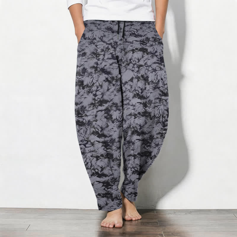Nimara Ritual Pure Cotton Dark Marble Camo Pattern Drawstring Men's Tapered Pants With Pockets