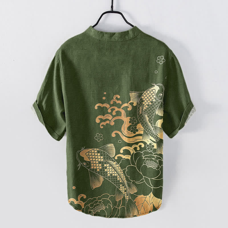 Nimara Ritual Cotton Koi Fish Peony Pattern Men's Short Sleeve Half Button Shirt