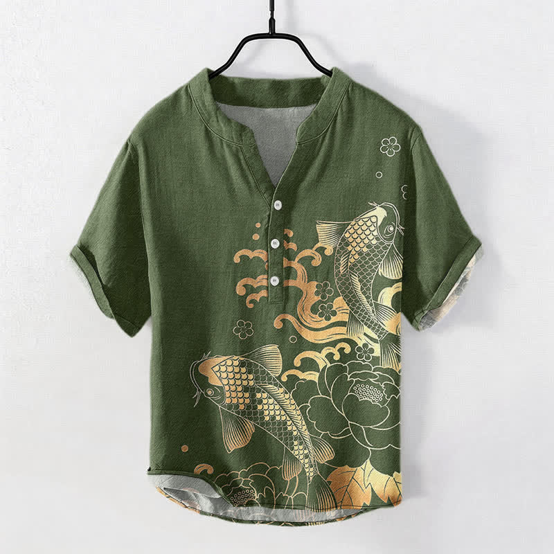 Nimara Ritual Cotton Koi Fish Peony Pattern Men's Short Sleeve Half Button Shirt