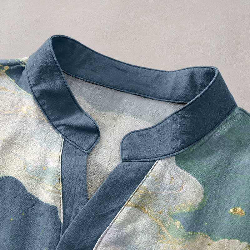 Nimara Ritual Cotton Ink Wash Landscape Pattern Men's Short Sleeve Half Button Shirt