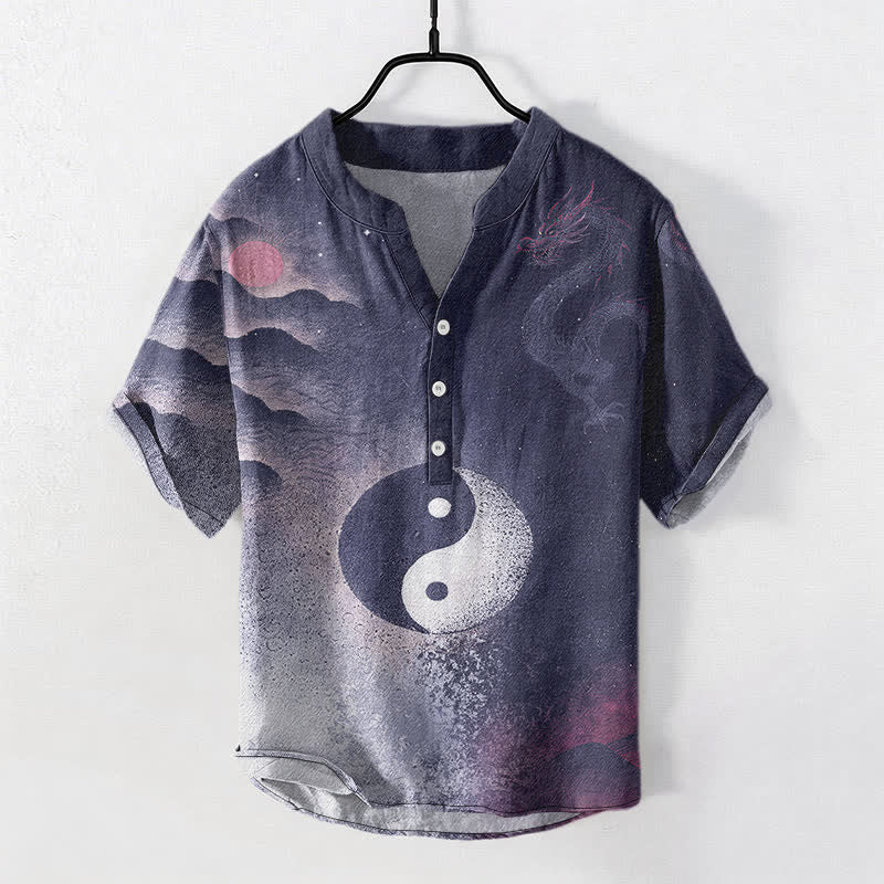 Nimara Ritual Cotton Yin Yang Cloud Pattern Men's Short Sleeve Half Button Shirt