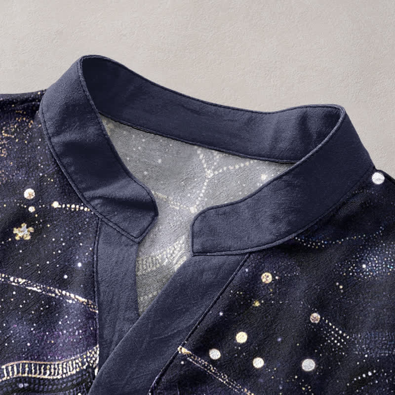 Nimara Ritual Cotton Golden Mandala Galaxy Pattern Men's Short Sleeve Half Button Shirt