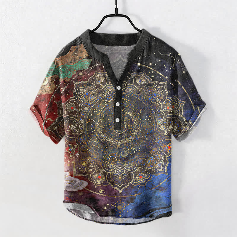 Nimara Ritual Cotton Golden Mandala Galaxy Pattern Men's Short Sleeve Half Button Shirt