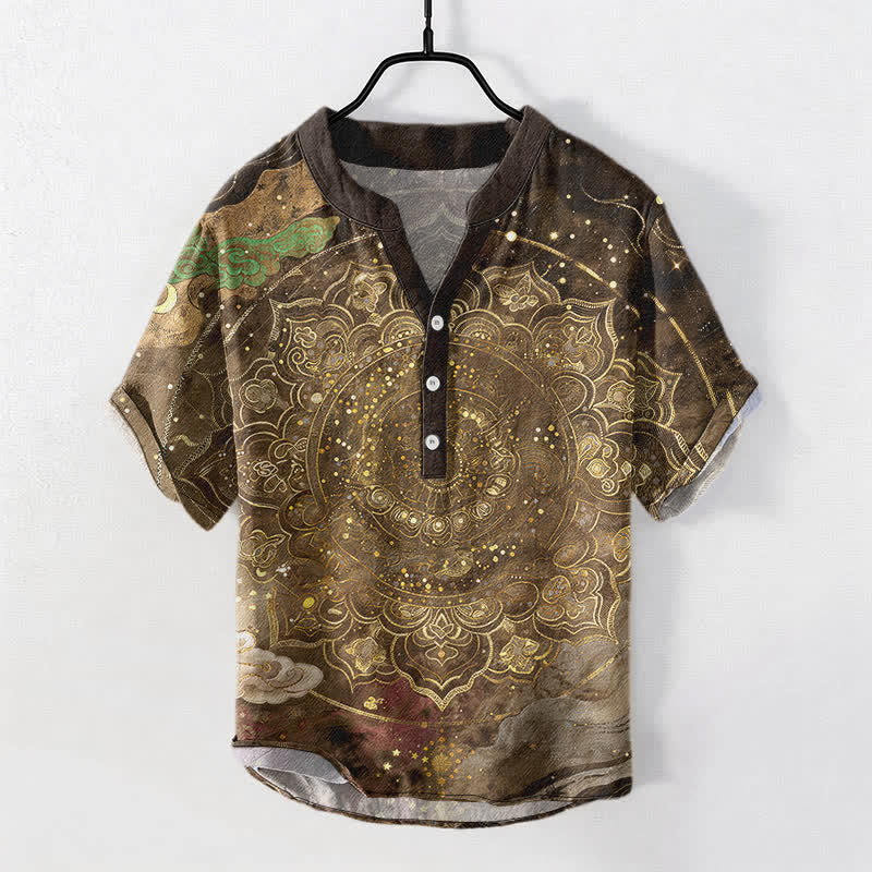 Nimara Ritual Cotton Golden Mandala Galaxy Pattern Men's Short Sleeve Half Button Shirt