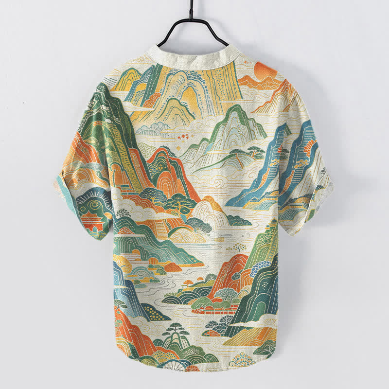 Nimara Ritual Cotton Abstract Mountain Landscape Pattern Men's Short Sleeve Half Button Shirt