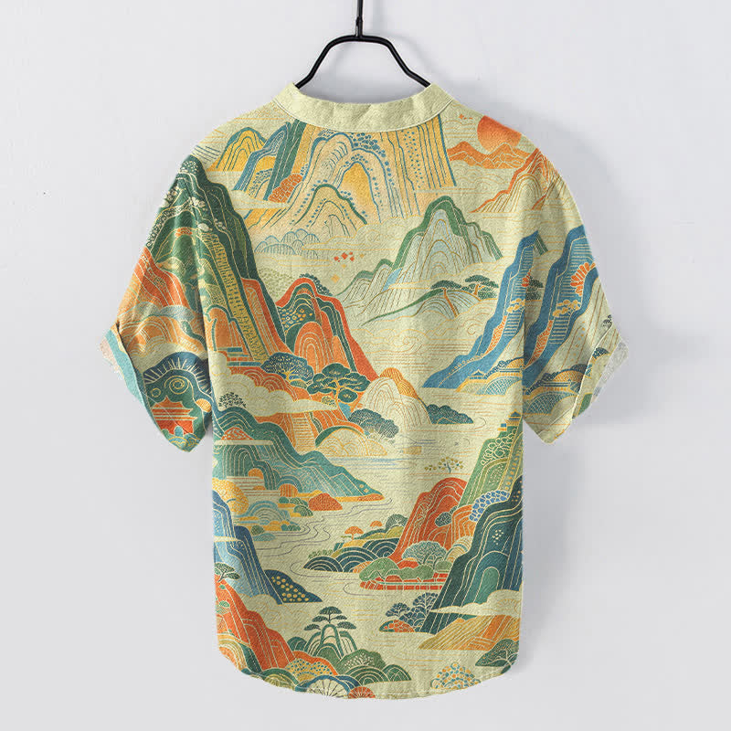 Nimara Ritual Cotton Abstract Mountain Landscape Pattern Men's Short Sleeve Half Button Shirt
