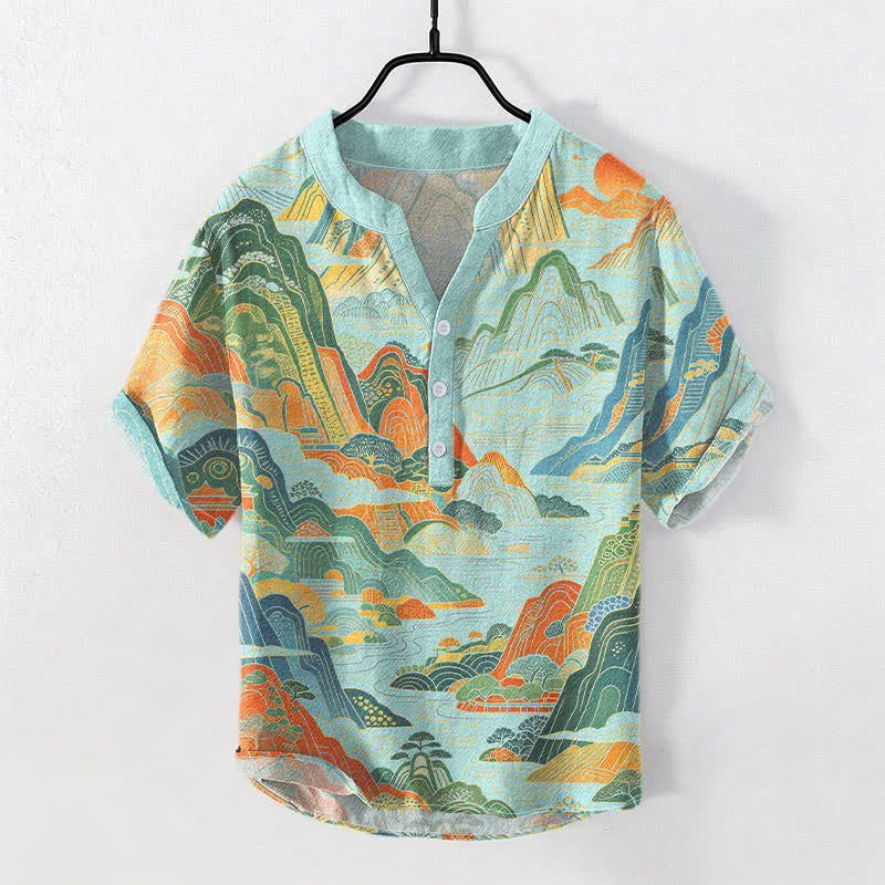 Nimara Ritual Cotton Abstract Mountain Landscape Pattern Men's Short Sleeve Half Button Shirt