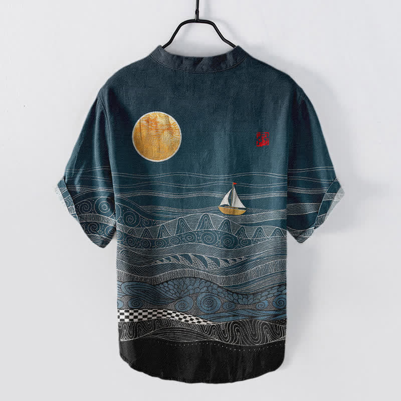 Nimara Ritual Cotton Ocean Wave Sailboat Pattern Men's Short Sleeve Half Button Shirt