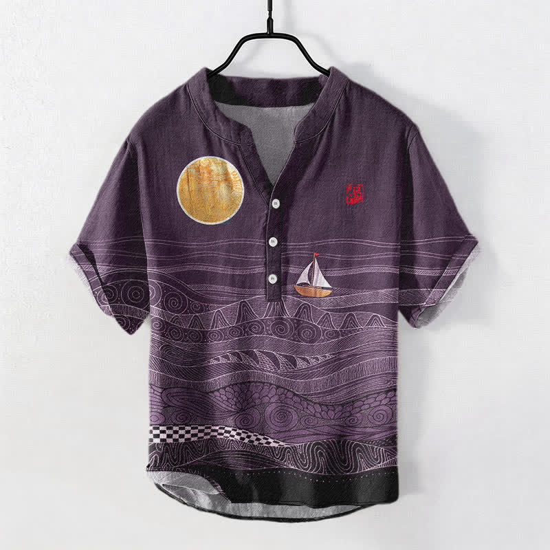 Nimara Ritual Cotton Ocean Wave Sailboat Pattern Men's Short Sleeve Half Button Shirt