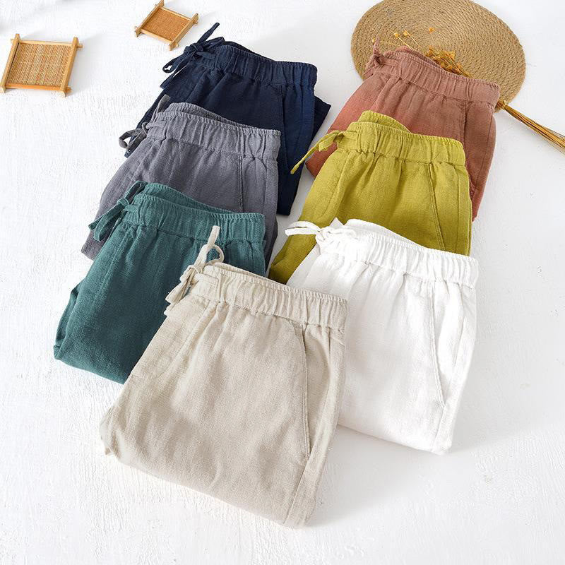 Nimara Ritual Summer Solid Color Drawstring Elastic Waist Men's Ramie Linen Cotton Shorts With Pockets