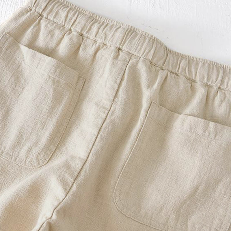 Nimara Ritual Summer Solid Color Drawstring Elastic Waist Men's Ramie Linen Cotton Shorts With Pockets