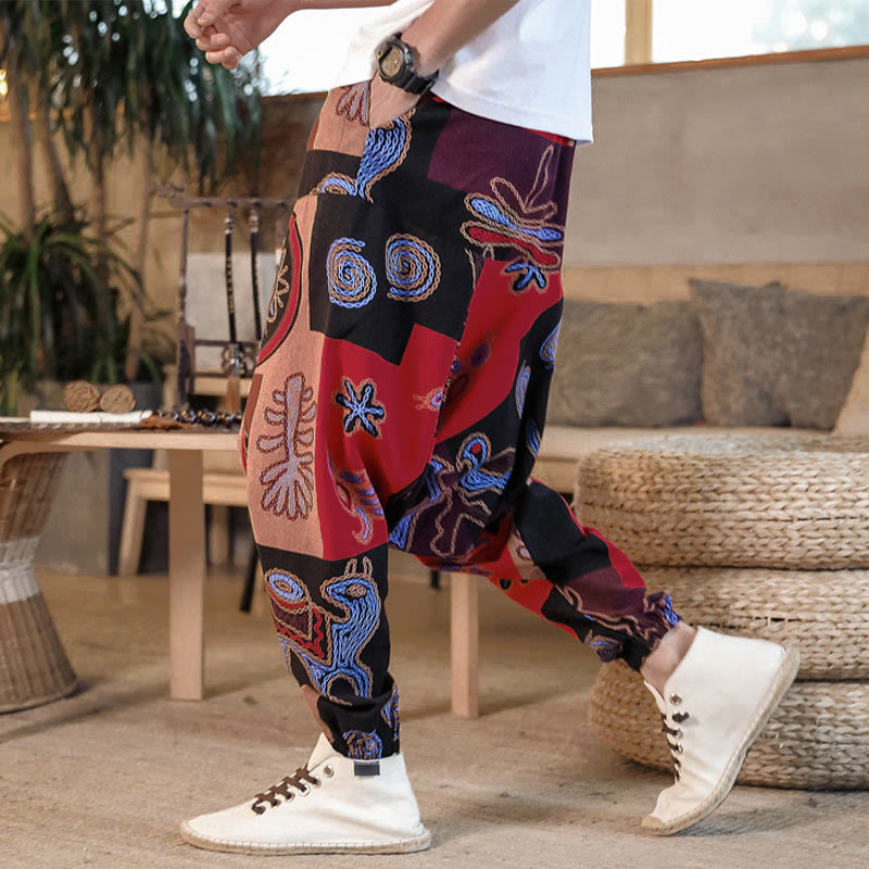 Nimara Ritual Grid Flower Print Cotton Men's Harem Cropped Pants With Pockets