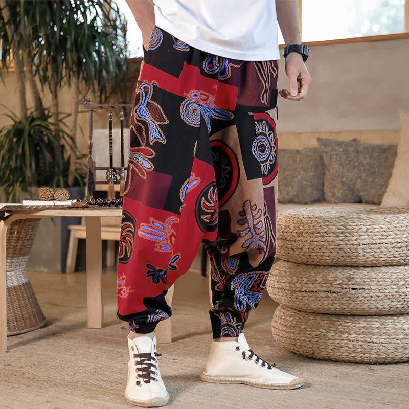Nimara Ritual Grid Flower Print Cotton Men's Harem Cropped Pants With Pockets
