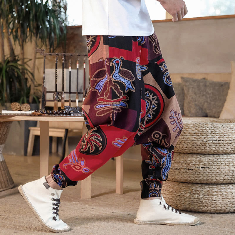 Nimara Ritual Grid Flower Print Cotton Men's Harem Cropped Pants With Pockets