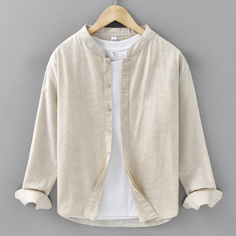 Nimara Ritual Spring Casual Mandarin Collar Button-Up Solid Cotton Linen Men's Long Sleeve Shirts