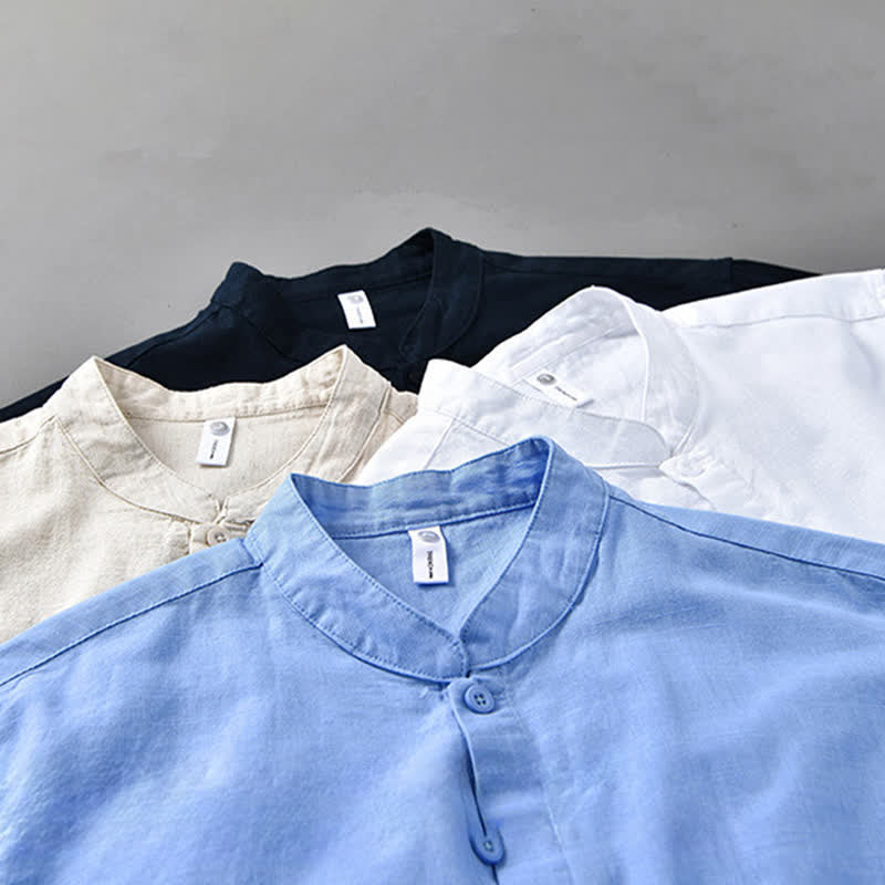 Nimara Ritual Spring Casual Mandarin Collar Button-Up Solid Cotton Linen Men's Long Sleeve Shirts