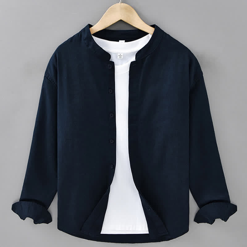 Nimara Ritual Spring Casual Mandarin Collar Button-Up Solid Cotton Linen Men's Long Sleeve Shirts