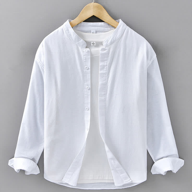 Nimara Ritual Spring Casual Mandarin Collar Button-Up Solid Cotton Linen Men's Long Sleeve Shirts