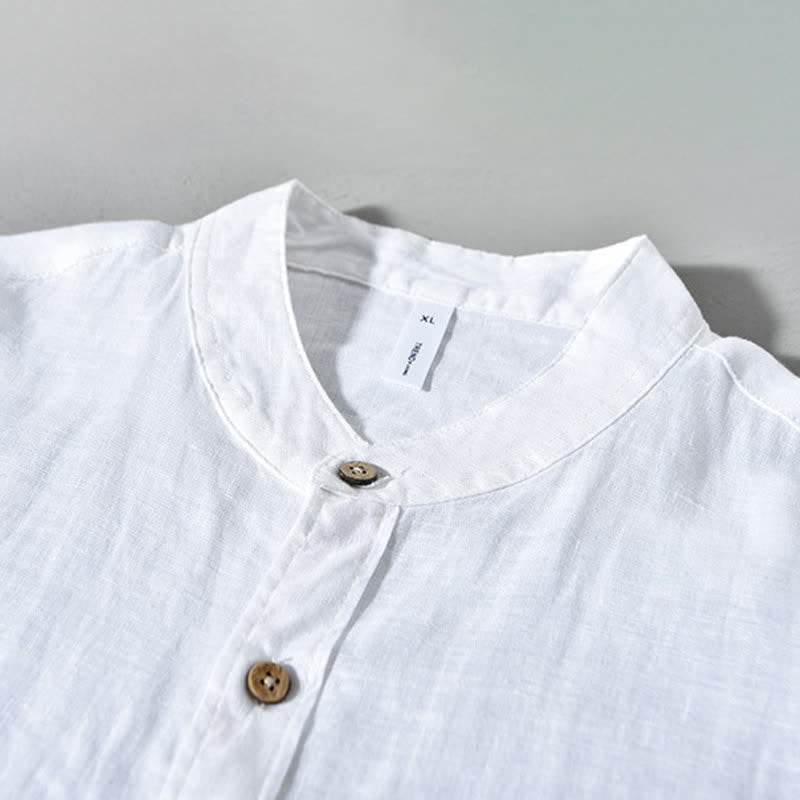 Nimara Ritual Spring Casual Mandarin Collar Solid Linen Men's Long Sleeve Shirts With Patch Pocket