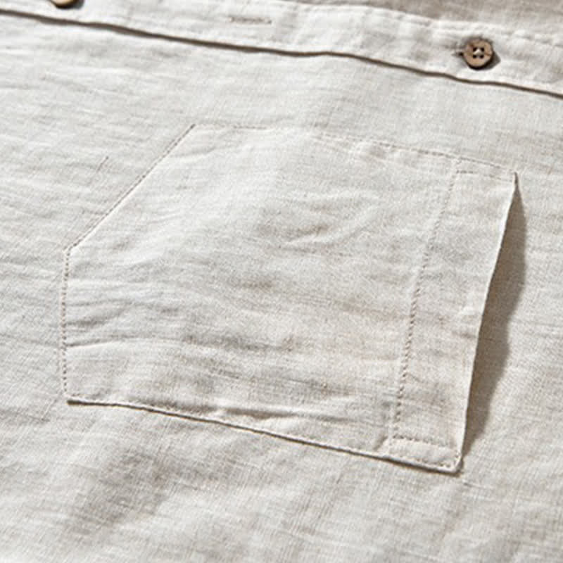 Nimara Ritual Spring Casual Mandarin Collar Solid Linen Men's Long Sleeve Shirts With Patch Pocket