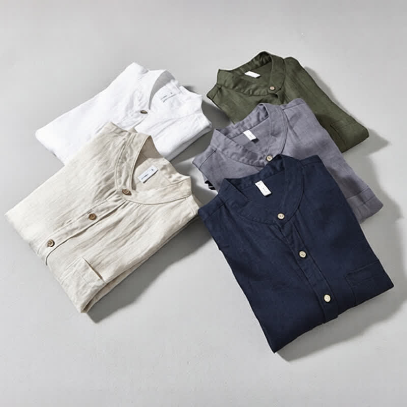 Nimara Ritual Spring Casual Mandarin Collar Solid Linen Men's Long Sleeve Shirts With Patch Pocket