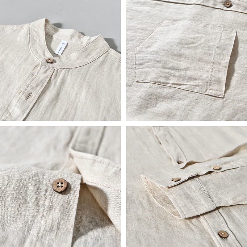 Nimara Ritual Spring Casual Mandarin Collar Solid Linen Men's Long Sleeve Shirts With Patch Pocket