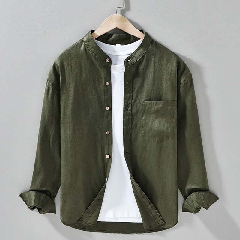 Nimara Ritual Spring Casual Mandarin Collar Solid Linen Men's Long Sleeve Shirts With Patch Pocket