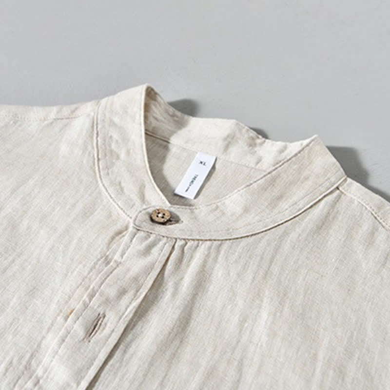 Nimara Ritual Spring Casual Mandarin Collar Solid Linen Men's Long Sleeve Shirts With Patch Pocket