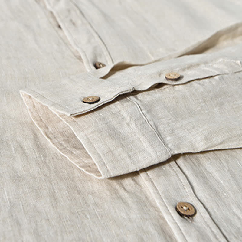Nimara Ritual Spring Casual Mandarin Collar Solid Linen Men's Long Sleeve Shirts With Patch Pocket