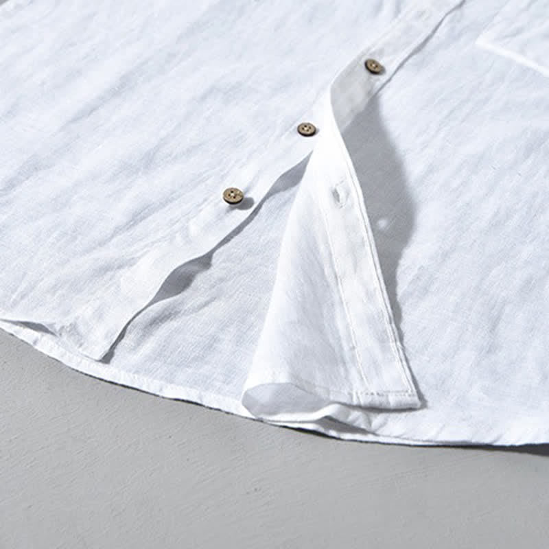 Nimara Ritual Spring Casual Mandarin Collar Solid Linen Men's Long Sleeve Shirts With Patch Pocket