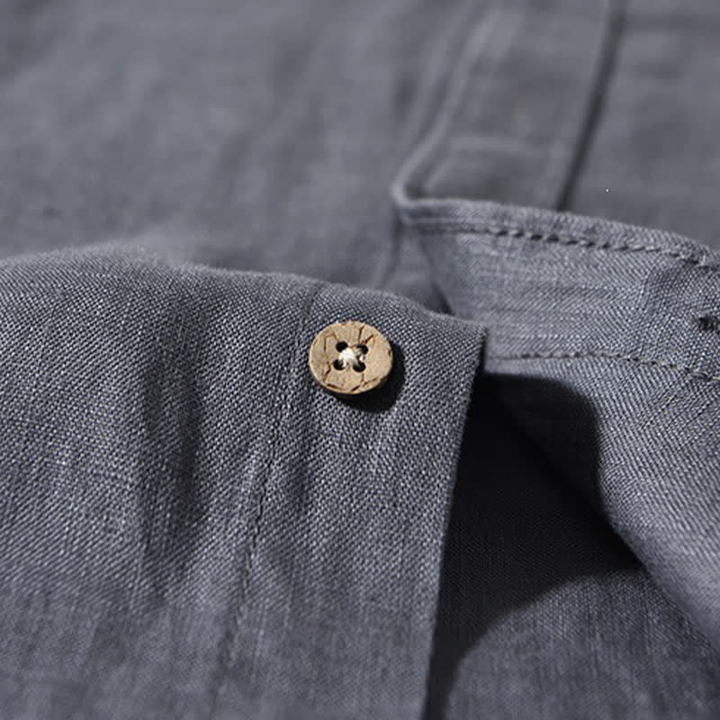 Nimara Ritual Spring Casual Mandarin Collar Solid Linen Men's Long Sleeve Shirts With Patch Pocket